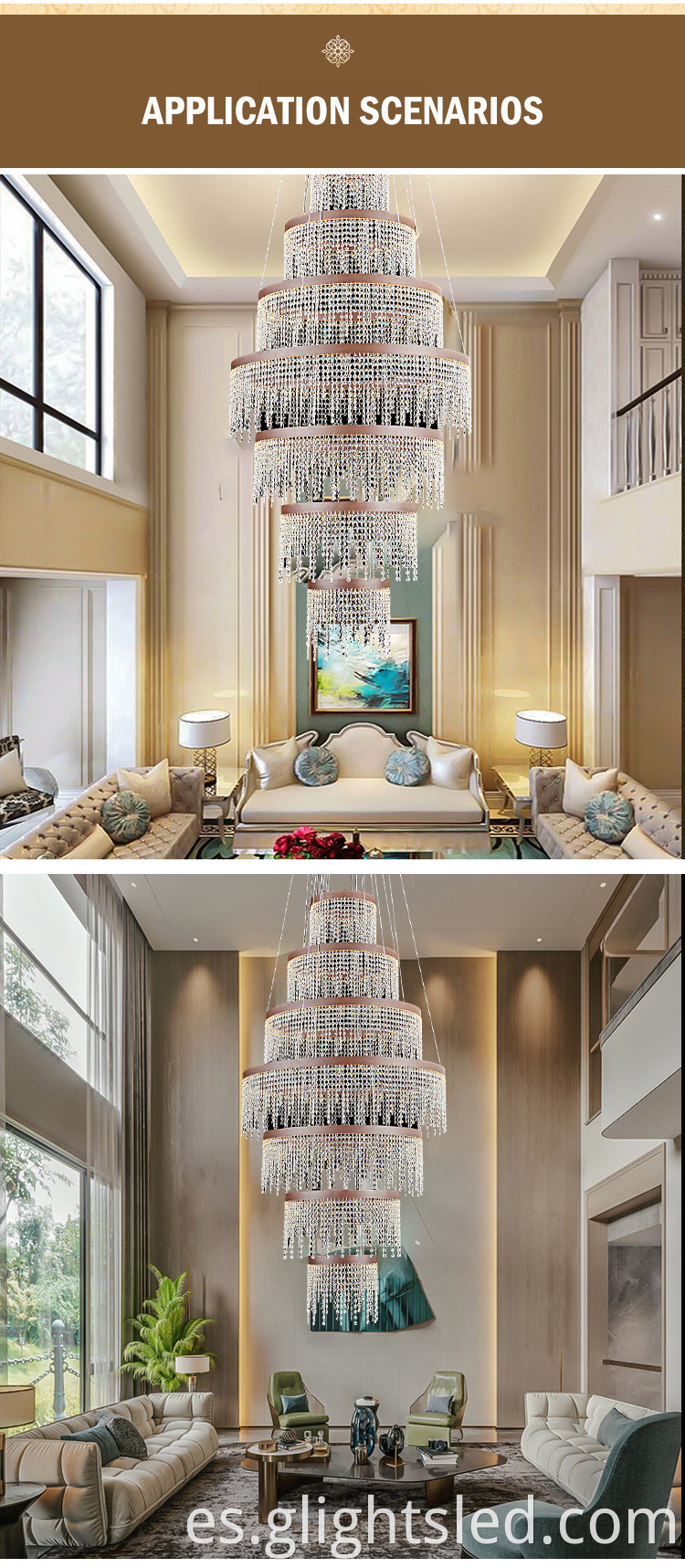 Nuevo estilo, sala de estar, cristal de lujo blanco, decoración interior, lámpara colgante de araña led